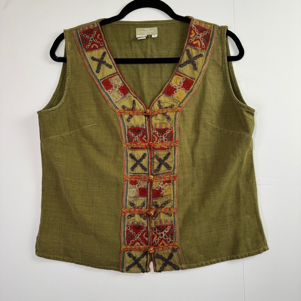 The Territory Ahead Olive Green Cotton Embroidered Frog Closure Vest Small